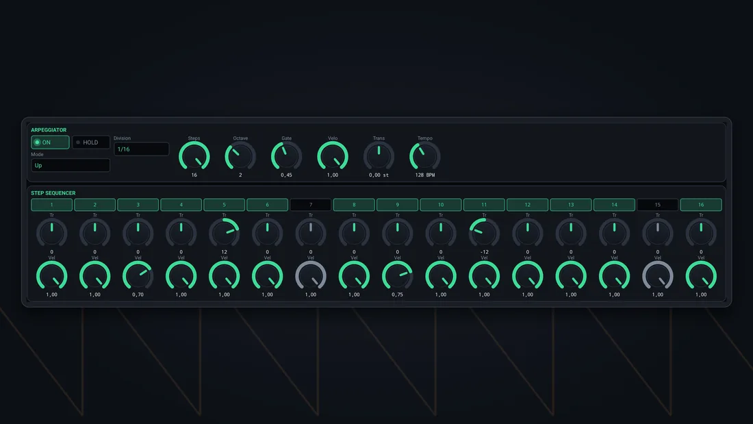 The arpeggiator and its sixteen-step sequencer lane.