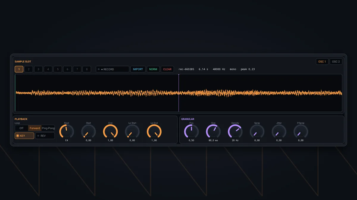 Granular mode: the read position marker on the waveform and the grain controls.