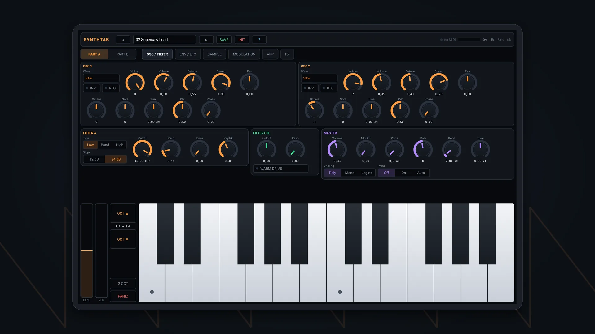The SynthB main screen: two oscillators, the ladder filter, the master section and the keyboard.