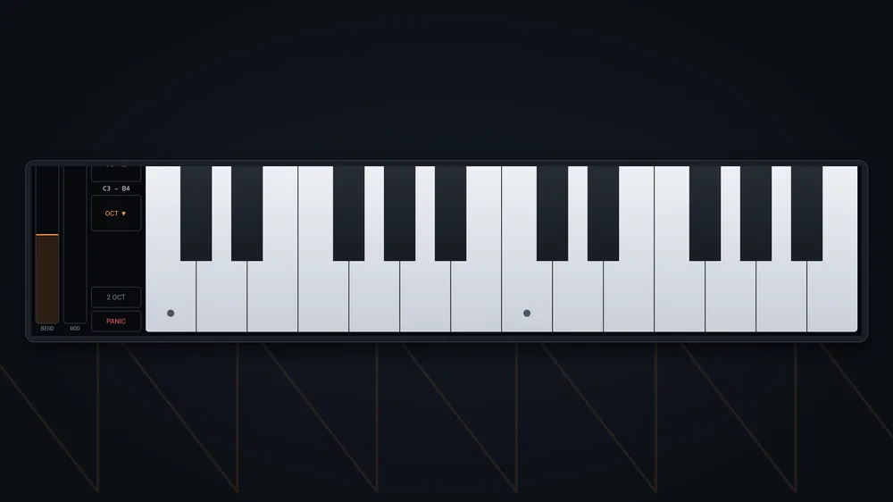 The multi-touch keyboard with pitch and modulation wheels.